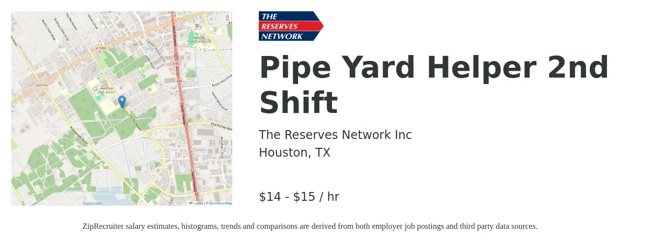 The Reserves Network Inc job posting for a Pipe Yard Helper 2nd Shift in Houston, TX with a salary of $15 Hourly with a map of Houston location.