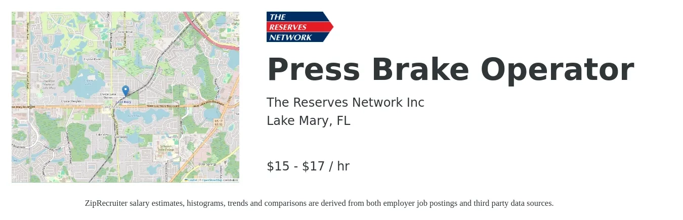 The Reserves Network Inc job posting for a Press Brake Operator in Lake Mary, FL with a salary of $16 to $18 Hourly with a map of Lake Mary location.