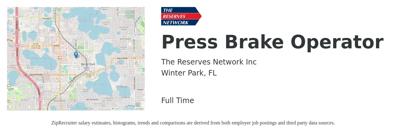 The Reserves Network Inc job posting for a Press Brake Operator in Winter Park, FL with a salary of $17 to $22 Hourly with a map of Winter Park location.