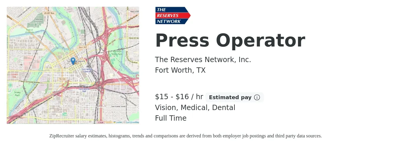 The Reserves Network, Inc. job posting for a Press Operator in Fort Worth, TX with a salary of $16 to $17 Hourly and benefits including dental, life_insurance, medical, retirement, and vision with a map of Fort Worth location.