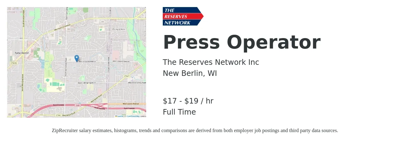 The Reserves Network Inc job posting for a Press Operator in New Berlin, WI with a salary of $18 to $20 Hourly with a map of New Berlin location.