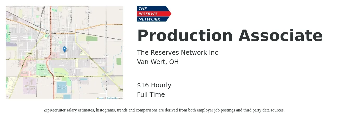 The Reserves Network Inc job posting for a Production Associate in Van Wert, OH with a salary of $17 Hourly with a map of Van Wert location.