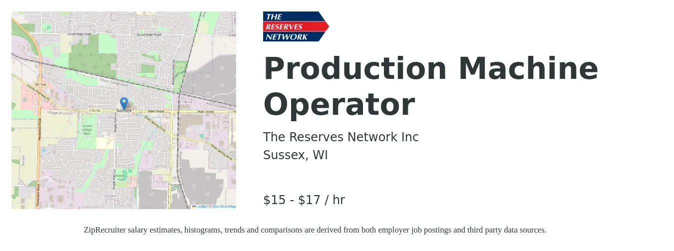 The Reserves Network Inc job posting for a Production Machine Operator in Sussex, WI with a salary of $16 to $18 Hourly with a map of Sussex location.