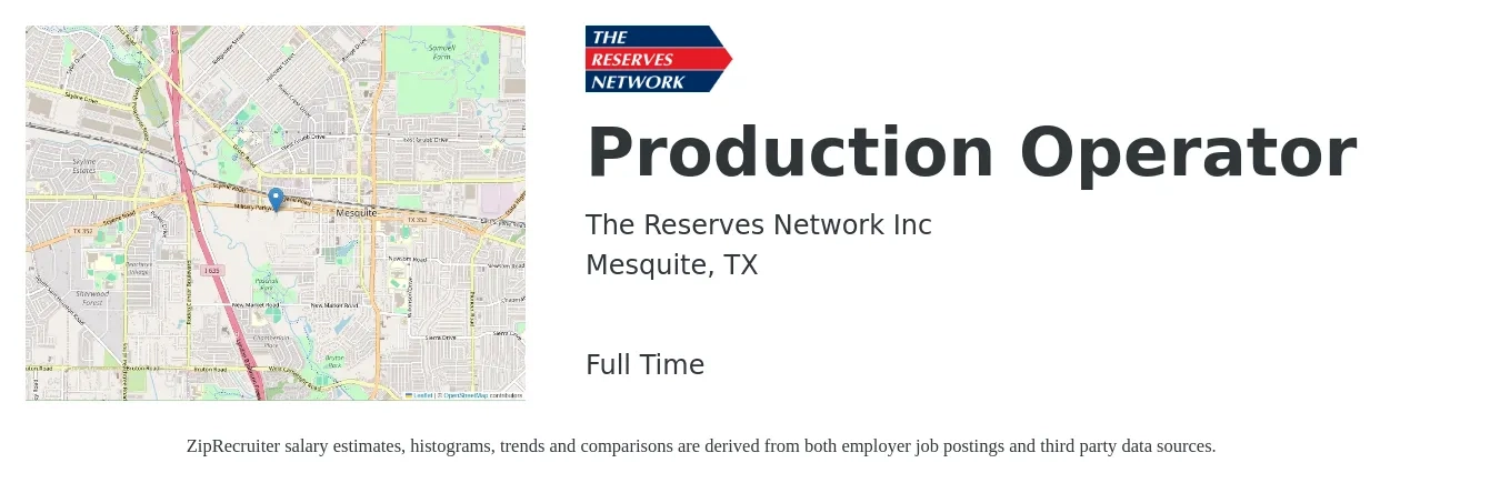 The Reserves Network Inc job posting for a Production Operator in Mesquite, TX with a salary of $15 to $18 Hourly with a map of Mesquite location.