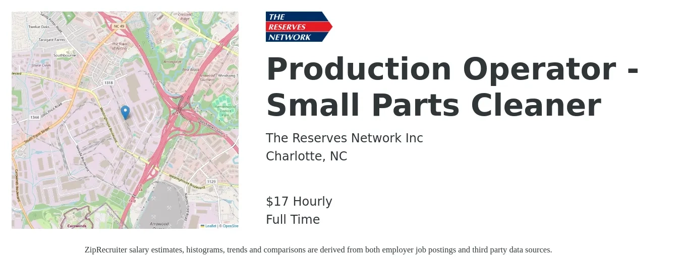 The Reserves Network Inc job posting for a Production Operator - Small Parts Cleaner in Charlotte, NC with a salary of $18 Hourly with a map of Charlotte location.