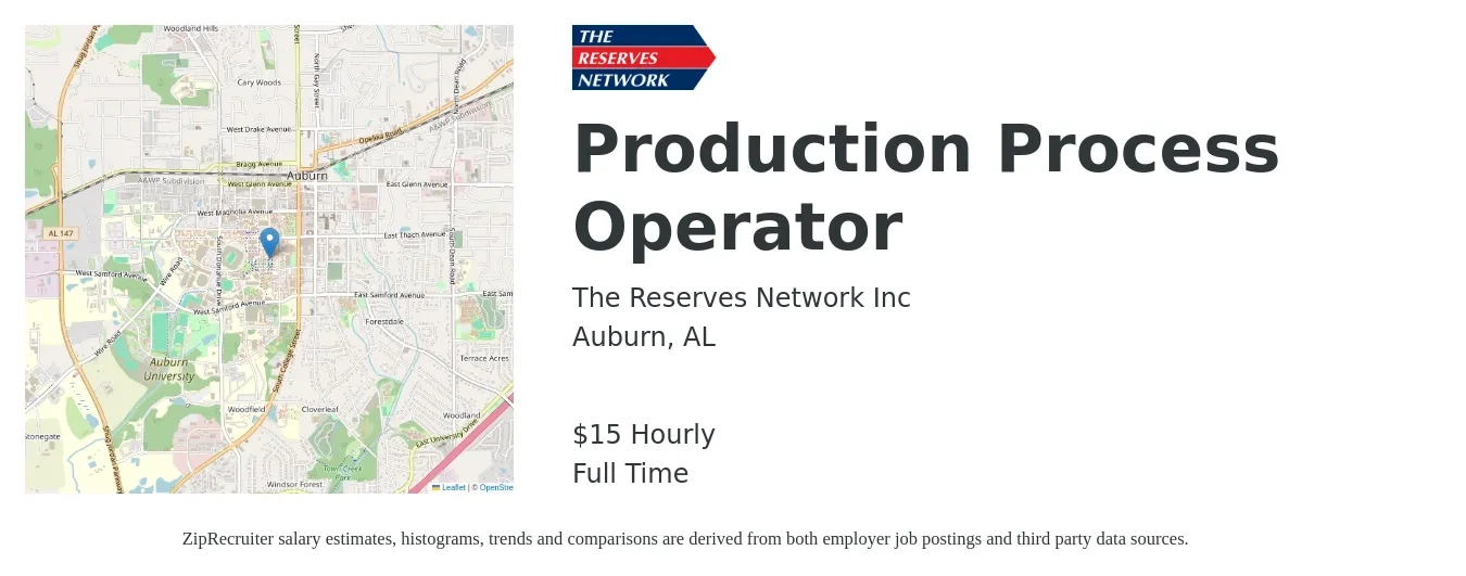 The Reserves Network Inc job posting for a Production Process Operator in Auburn, AL with a salary of $16 to $16 Hourly with a map of Auburn location.