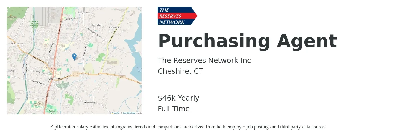 The Reserves Network Inc job posting for a Purchasing Agent in Cheshire, CT with a salary of $46,000 Yearly with a map of Cheshire location.