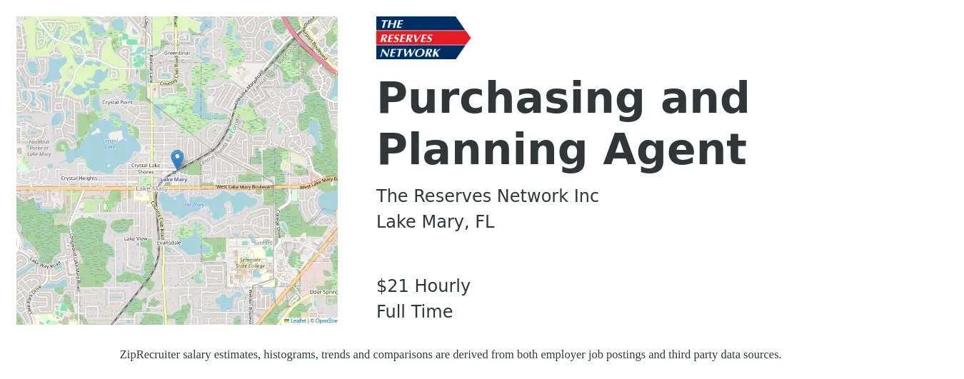 The Reserves Network Inc job posting for a Purchasing and Planning Agent in Lake Mary, FL with a salary of $22 Hourly with a map of Lake Mary location.