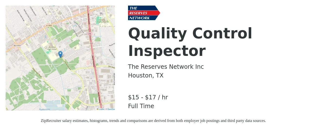 The Reserves Network Inc job posting for a Quality Control Inspector in Houston, TX with a salary of $16 to $18 Hourly with a map of Houston location.