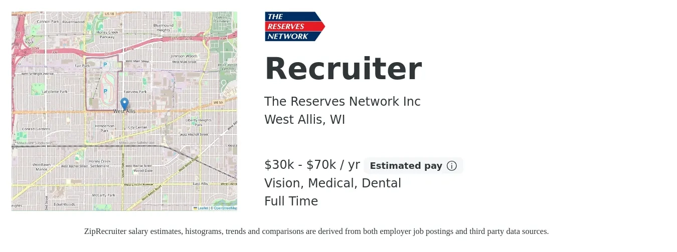 The Reserves Network Inc job posting for a Recruiter in West Allis, WI with a salary of $20 to $32 Hourly with a map of West Allis location.
