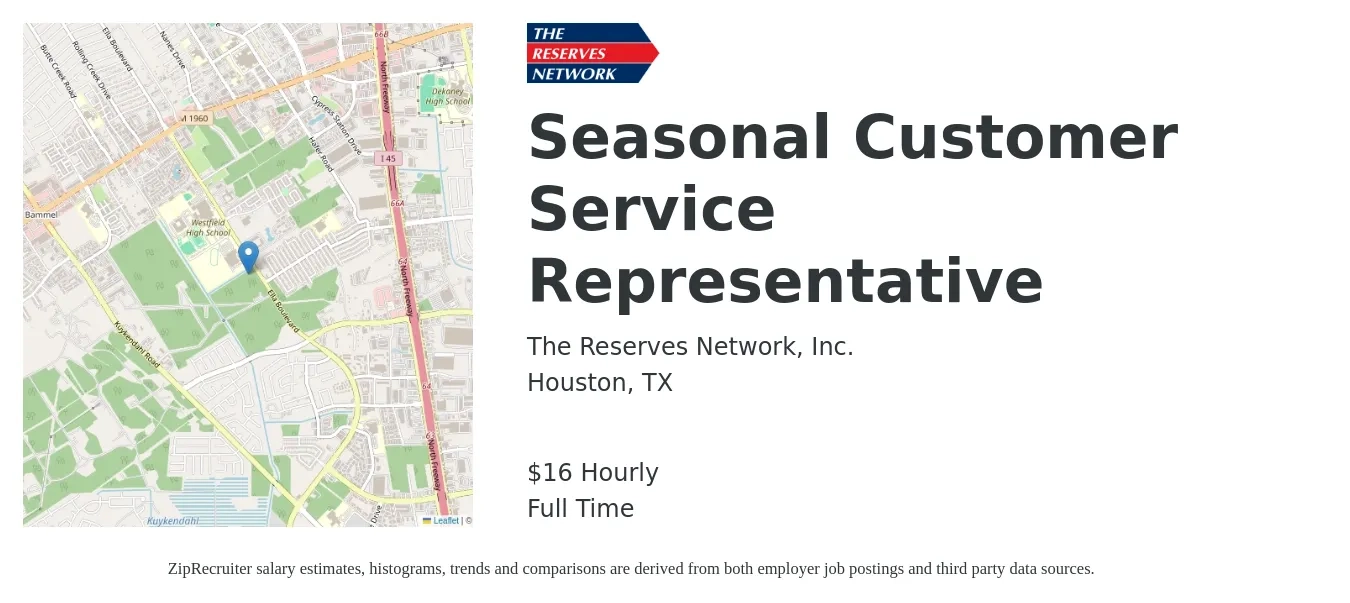 The Reserves Network Inc job posting for a Seasonal Customer Service Representative in Houston, TX with a salary of $17 Hourly with a map of Houston location.