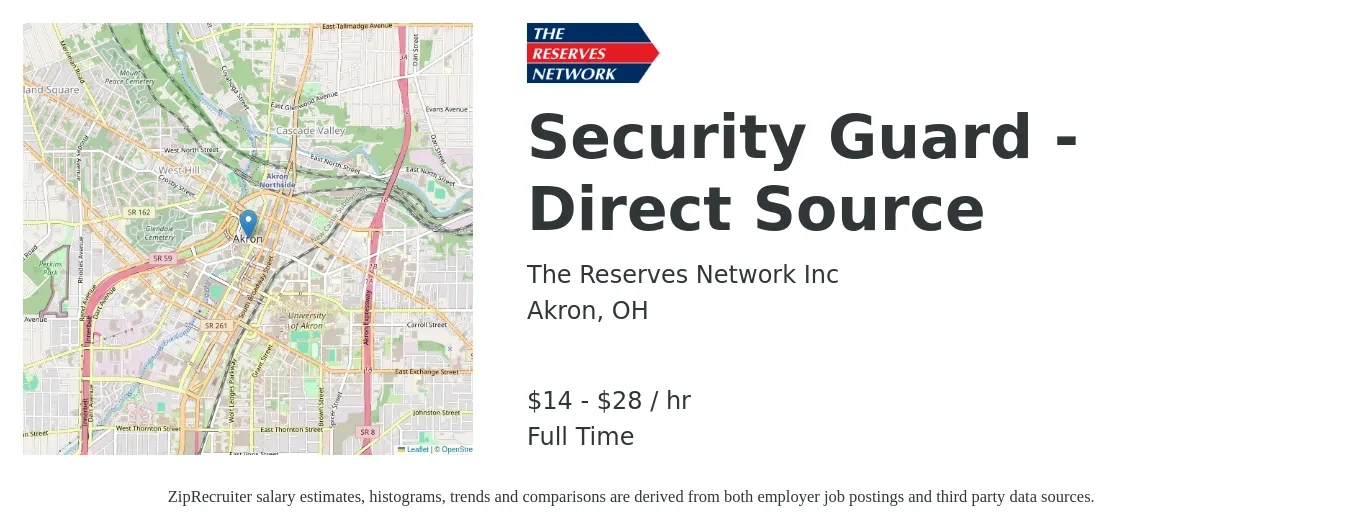 The Reserves Network Inc job posting for a Security Guard - Direct Source in Akron, OH with a salary of $15 to $30 Hourly with a map of Akron location.