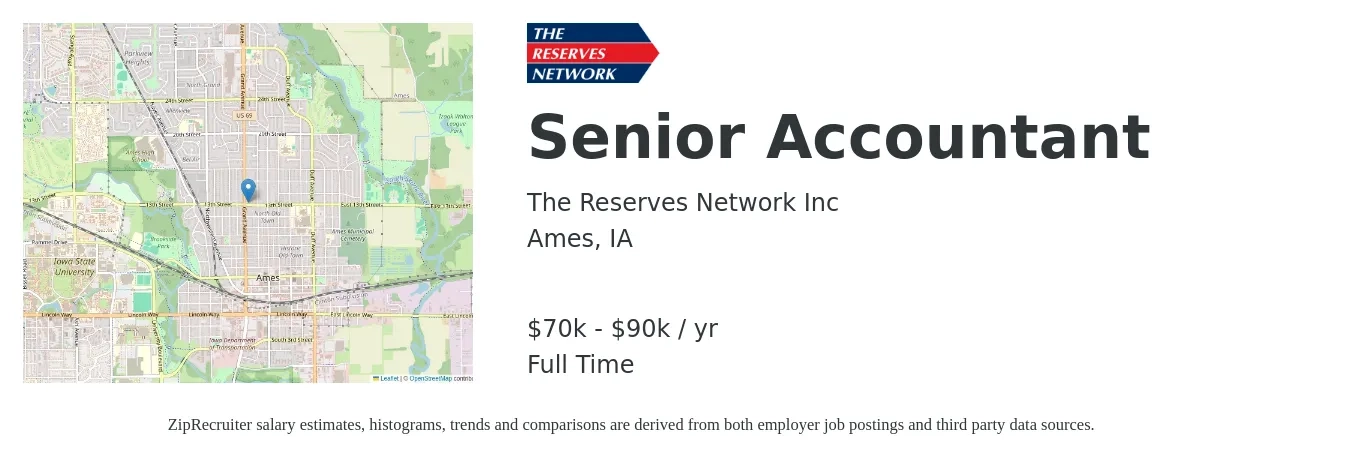 The Reserves Network Inc job posting for a Senior Accountant in Ames, IA with a salary of $70,000 to $90,000 Yearly with a map of Ames location.