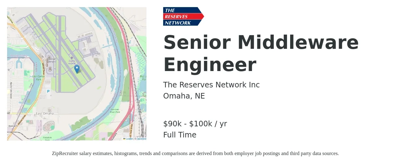 The Reserves Network Inc job posting for a Senior Middleware Engineer in Omaha, NE with a salary of $90,000 to $100,000 Yearly with a map of Omaha location.
