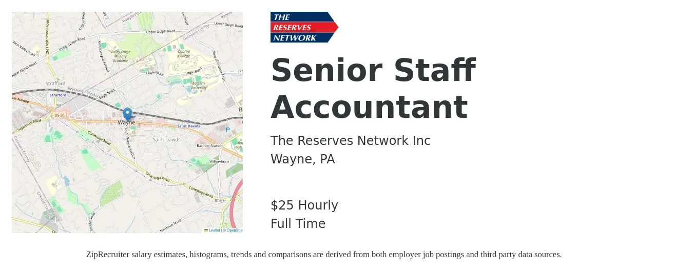 The Reserves Network Inc job posting for a Senior Staff Accountant in Wayne, PA with a salary of $26 Hourly with a map of Wayne location.