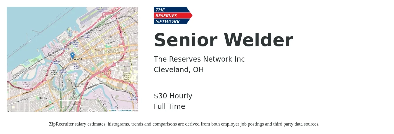 The Reserves Network Inc job posting for a Senior Welder in Cleveland, OH with a salary of $32 Hourly with a map of Cleveland location.