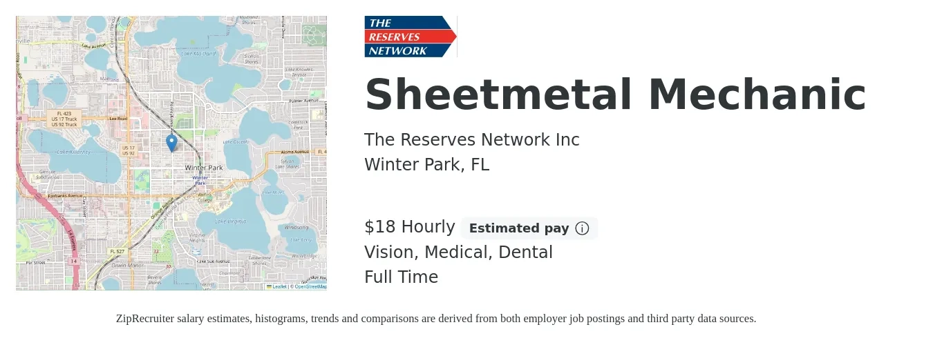 The Reserves Network job posting for a Sheetmetal Mechanic in Winter Park, FL with a salary of $19 Hourly and benefits including dental, medical, and vision with a map of Winter Park location.