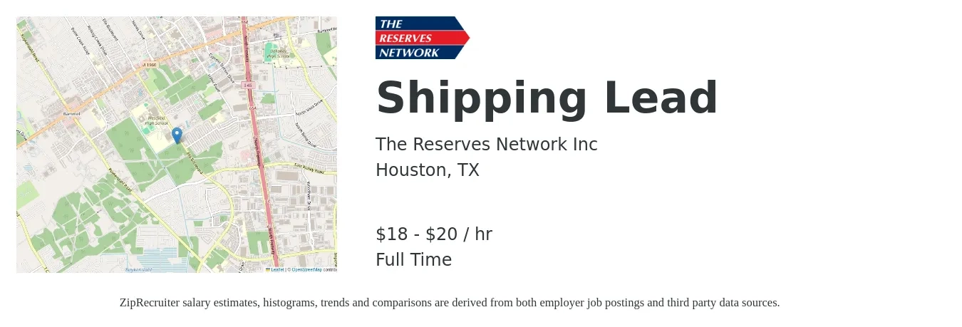 The Reserves Network Inc job posting for a Shipping Lead in Houston, TX with a salary of $19 to $21 Hourly with a map of Houston location.