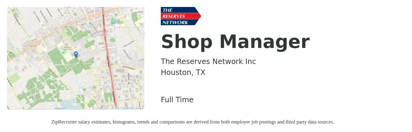 The Reserves Network Inc job posting for a Shop Manager in Houston, TX with a salary of $47,700 to $76,400 Yearly with a map of Houston location.