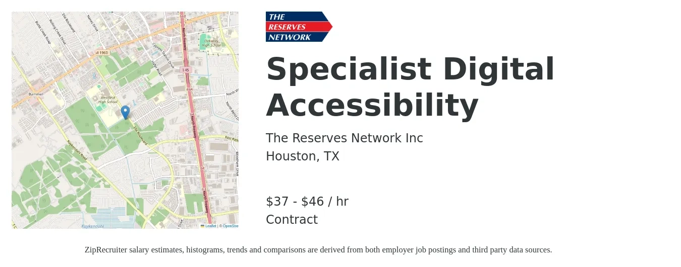 The Reserves Network Inc job posting for a Specialist Digital Accessibility in Houston, TX with a salary of $39 to $48 Hourly with a map of Houston location.