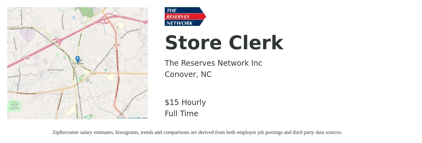 The Reserves Network Inc job posting for a Store Clerk in Conover, NC with a salary of $16 Hourly with a map of Conover location.