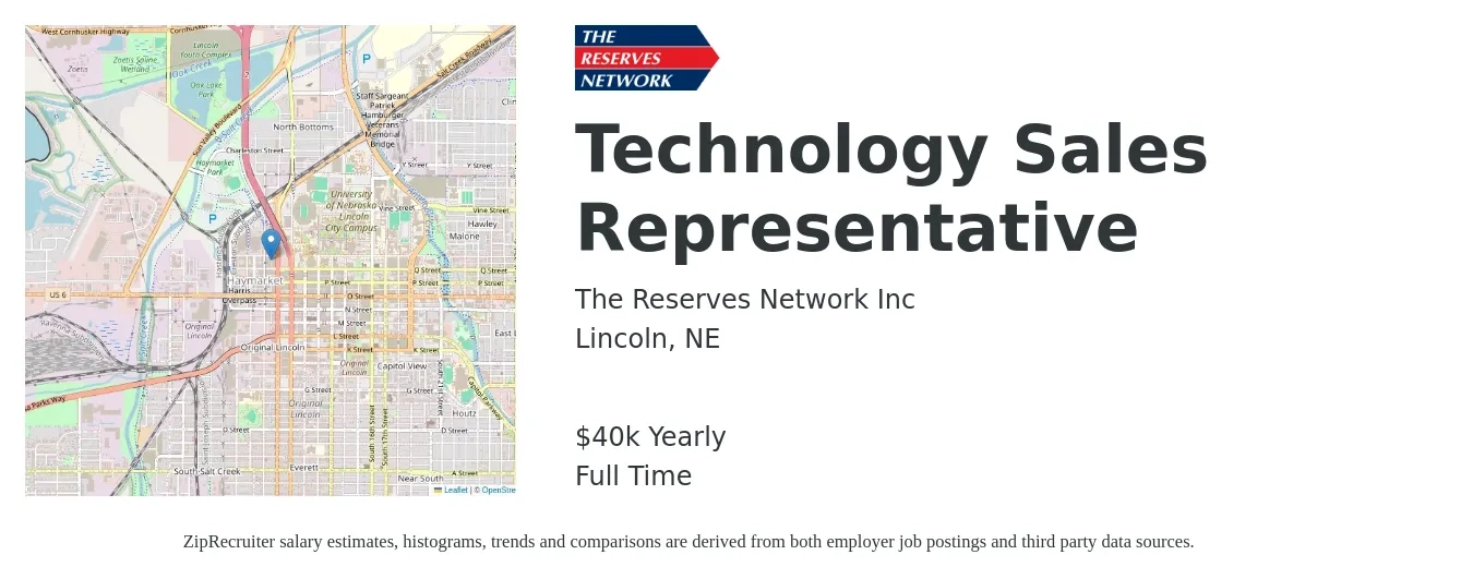 The Reserves Network Inc job posting for a Technology Sales Representative in Lincoln, NE with a salary of $40,000 Yearly with a map of Lincoln location.