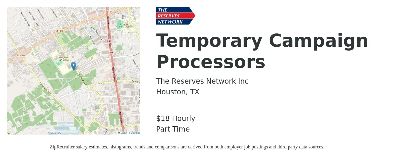 The Reserves Network Inc job posting for a Temporary Campaign Processors in Houston, TX with a salary of $19 Hourly with a map of Houston location.