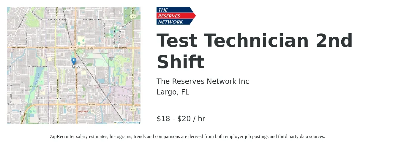 The Reserves Network Inc job posting for a Test Technician 2nd Shift in Largo, FL with a salary of $19 to $21 Hourly with a map of Largo location.