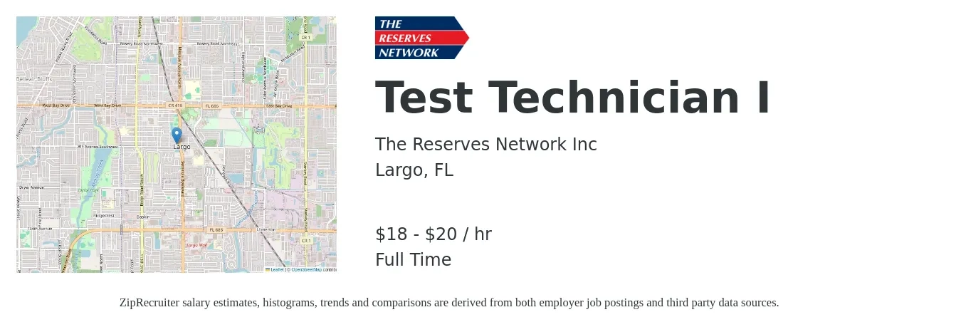 The Reserves Network Inc job posting for a Test Technician I in Largo, FL with a salary of $19 to $21 Hourly with a map of Largo location.