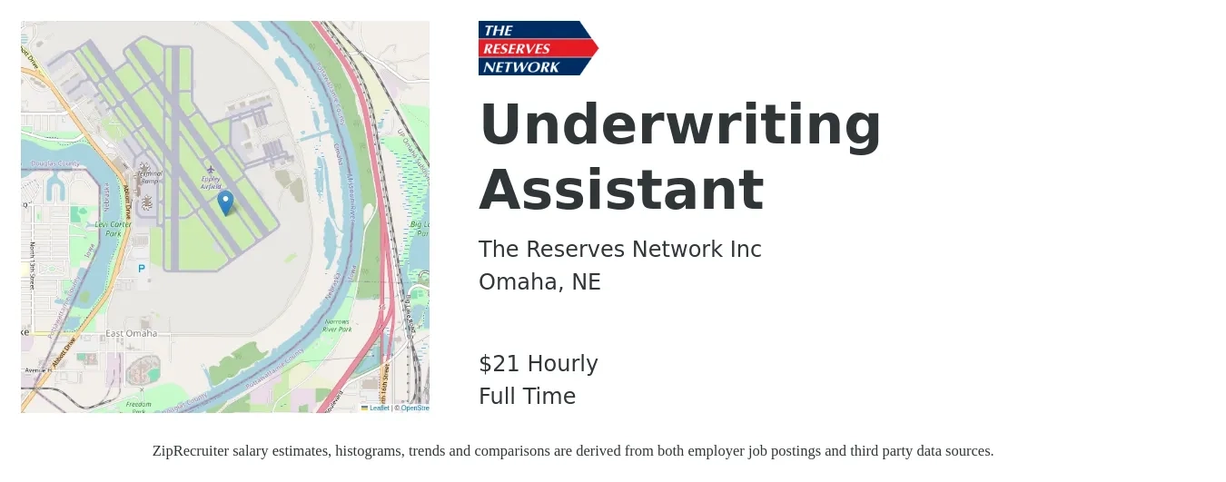 The Reserves Network Inc job posting for a Underwriting Assistant in Omaha, NE with a salary of $22 Hourly with a map of Omaha location.