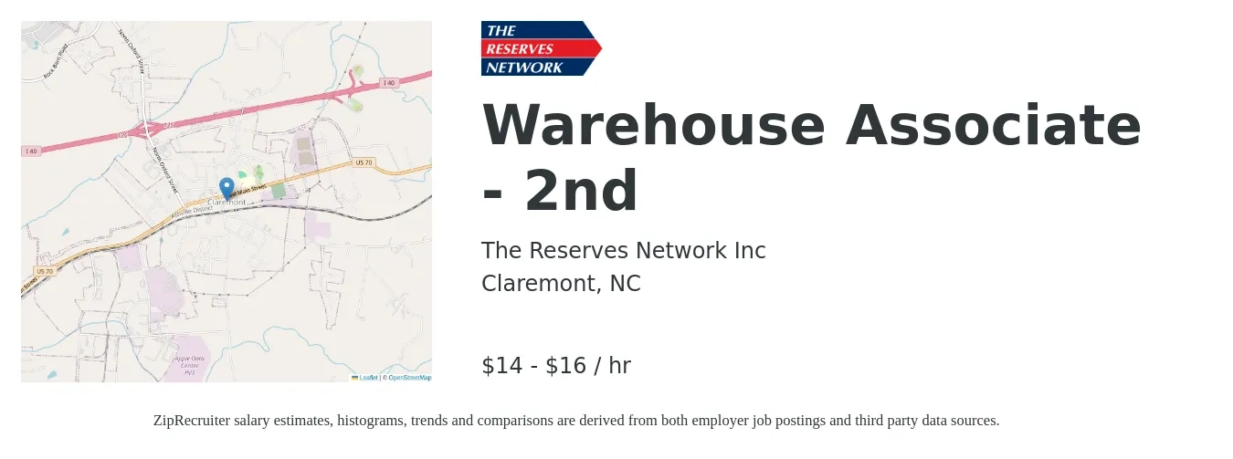 The Reserves Network Inc job posting for a Warehouse Associate - 2nd in Claremont, NC with a salary of $16 to $17 Hourly with a map of Claremont location.