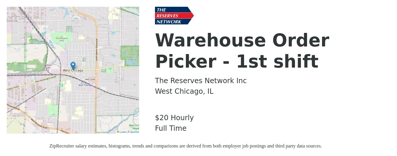 The Reserves Network Inc job posting for a Warehouse Order Picker - 1st shift in West Chicago, IL with a salary of $21 Hourly with a map of West Chicago location.