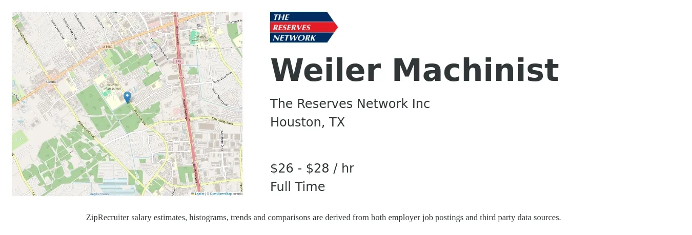 The Reserves Network, Inc. job posting for a Weiler Machinist in Houston, TX with a salary of $28 to $30 Hourly and benefits including dental, medical, and vision with a map of Houston location.