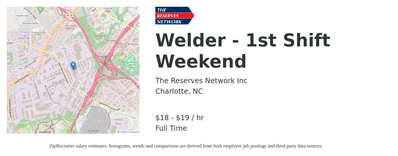 The Reserves Network Inc job posting for a Welder - 1st Shift Weekend in Charlotte, NC with a salary of $19 to $20 Hourly with a map of Charlotte location.