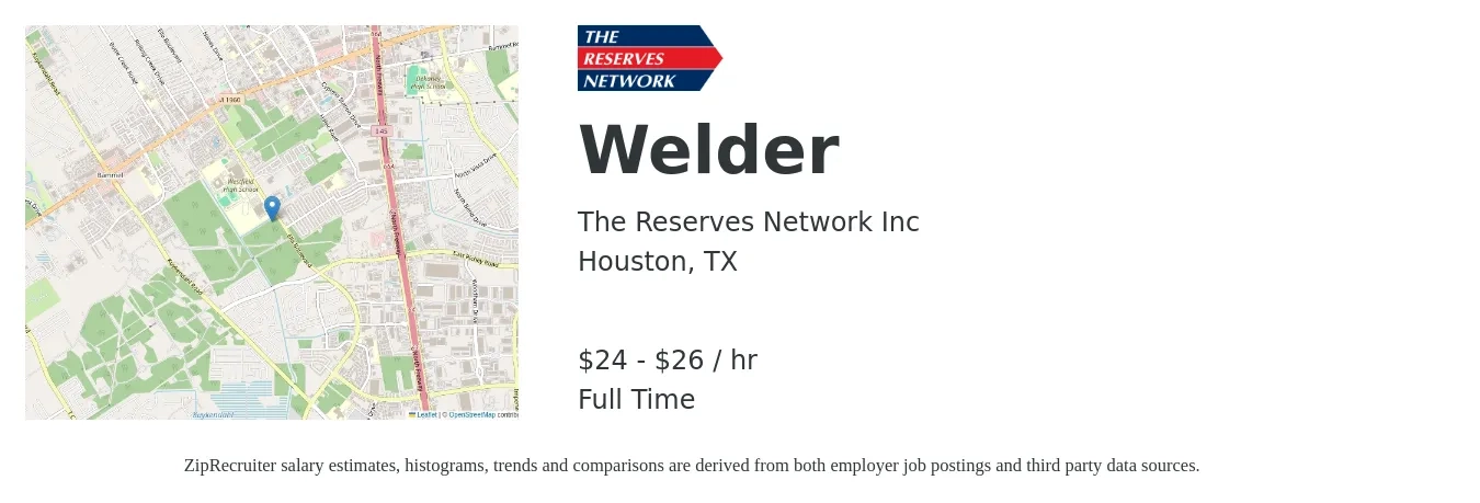 The Reserves Network Inc job posting for a Welder in Houston, TX with a salary of $24 to $29 Hourly with a map of Houston location.