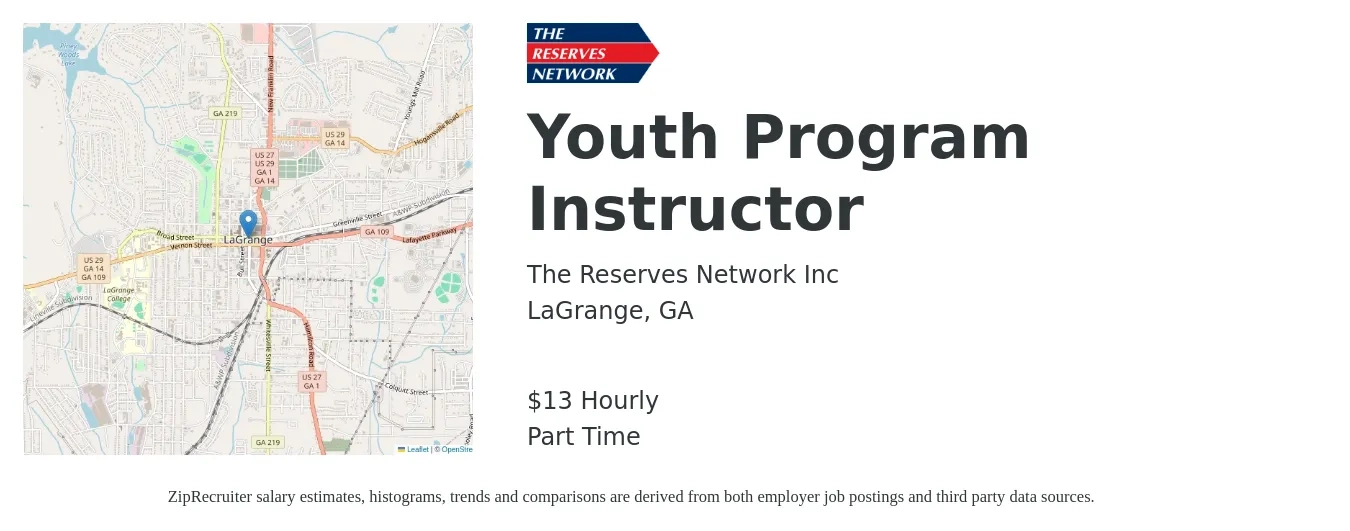 The Reserves Network Inc job posting for a Youth Program Instructor in LaGrange, GA with a salary of $14 Hourly with a map of LaGrange location.