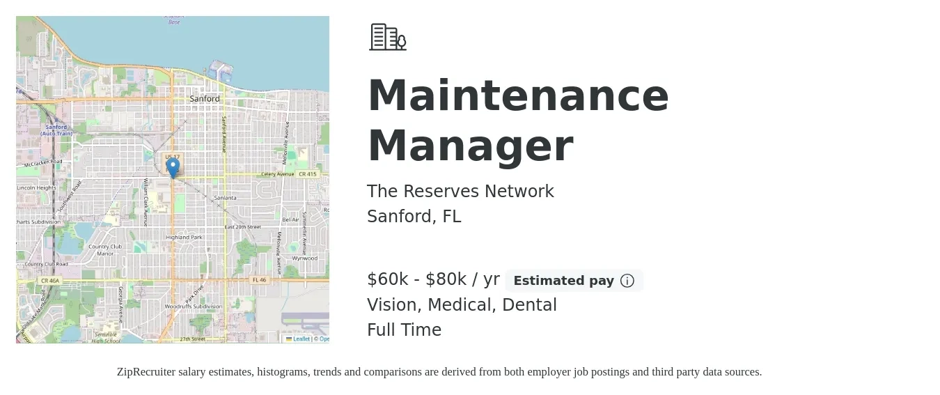 The Reserves Network job posting for a Maintenance Manager in Sanford, FL with a salary of $60,000 to $80,000 Yearly and benefits including dental, life_insurance, medical, and vision with a map of Sanford location.