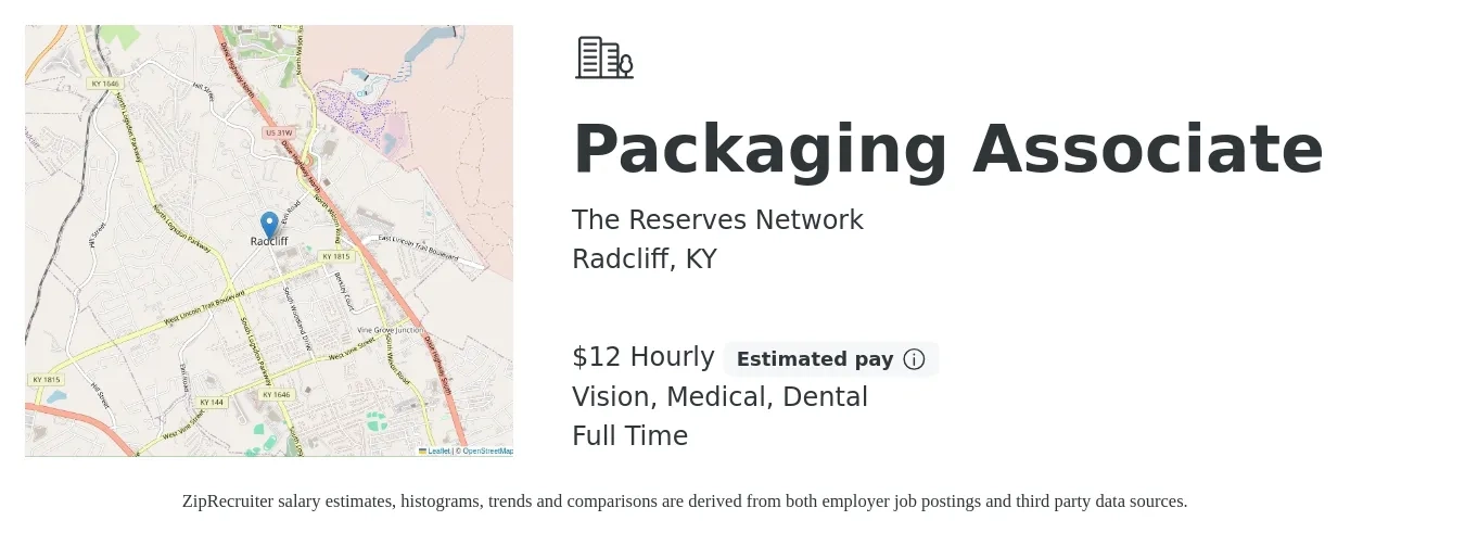 The Reserves Network job posting for a Packaging Associate in Radcliff, KY with a salary of $13 Hourly and benefits including dental, life_insurance, medical, and vision with a map of Radcliff location.