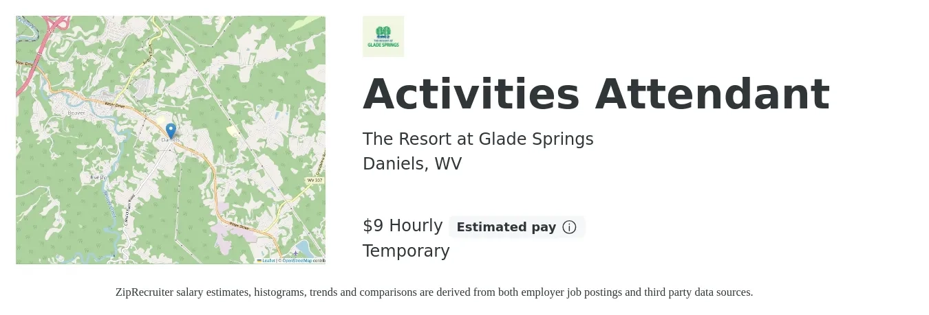 The Resort at Glade Springs job posting for a Activities Attendant in Daniels, WV with a salary of $10 Hourly with a map of Daniels location.