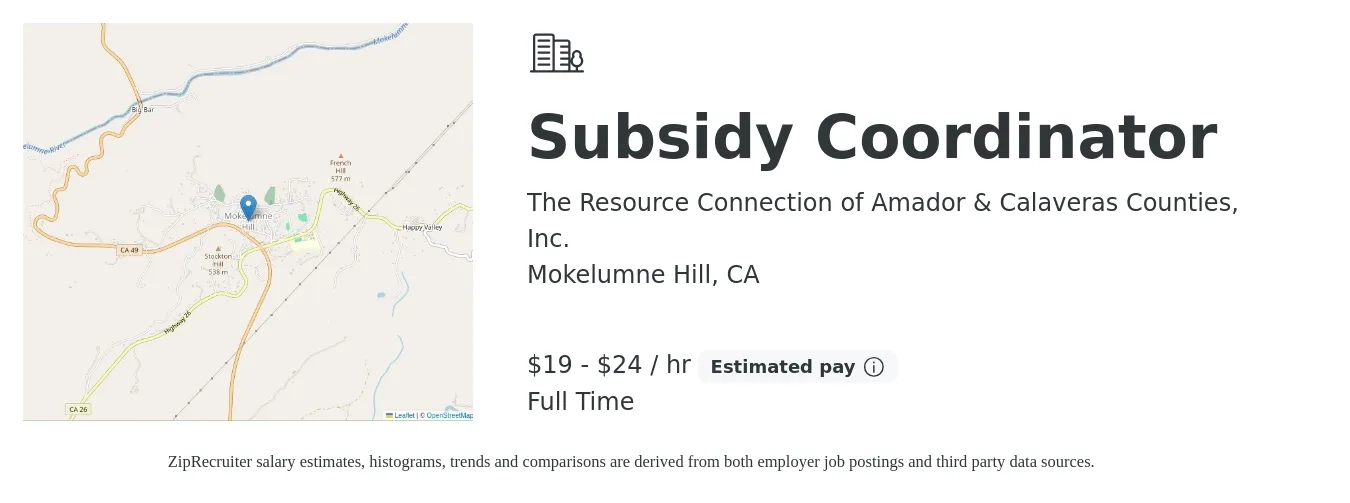 The Resource Connection of Amador & Calaveras Counties, Inc. job posting for a Subsidy Coordinator in Mokelumne Hill, CA with a salary of $20 to $26 Hourly with a map of Mokelumne Hill location.