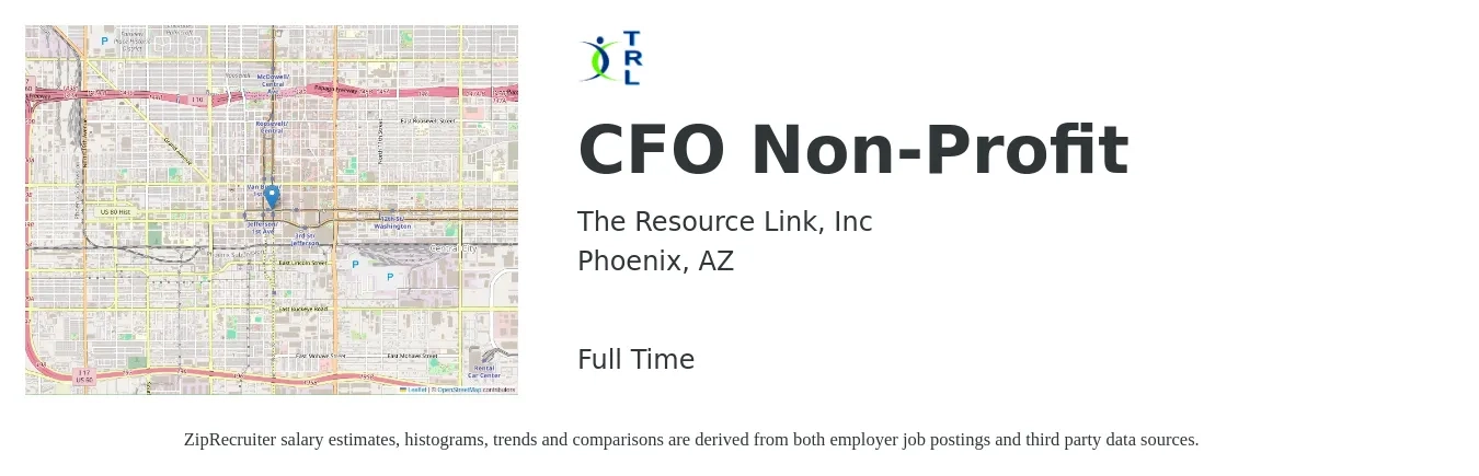 The Resource Link, Inc job posting for a CFO Non-Profit in Phoenix, AZ with a salary of $140,000 to $397,200 Yearly with a map of Phoenix location.