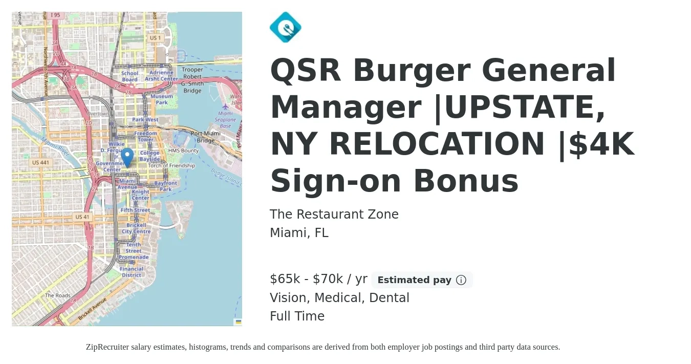 The Restaurant Zone job posting for a QSR Burger General Manager |UPSTATE, NY RELOCATION |$4K Sign-on Bonus in Miami, FL with a salary of $65,000 to $70,000 Yearly and benefits including medical, retirement, vision, dental, and life_insurance with a map of Miami location.