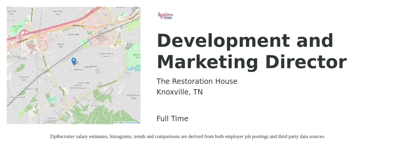 The Restoration House job posting for a Development and Marketing Director in Knoxville, TN with a salary of $72,700 to $121,300 Yearly with a map of Knoxville location.