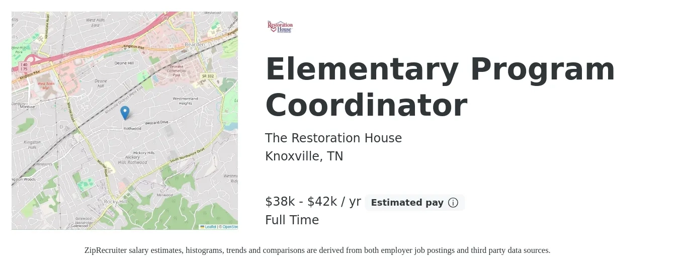 The Restoration House job posting for a Elementary Program Coordinator in Knoxville, TN with a salary of $38,000 to $42,000 Yearly with a map of Knoxville location.