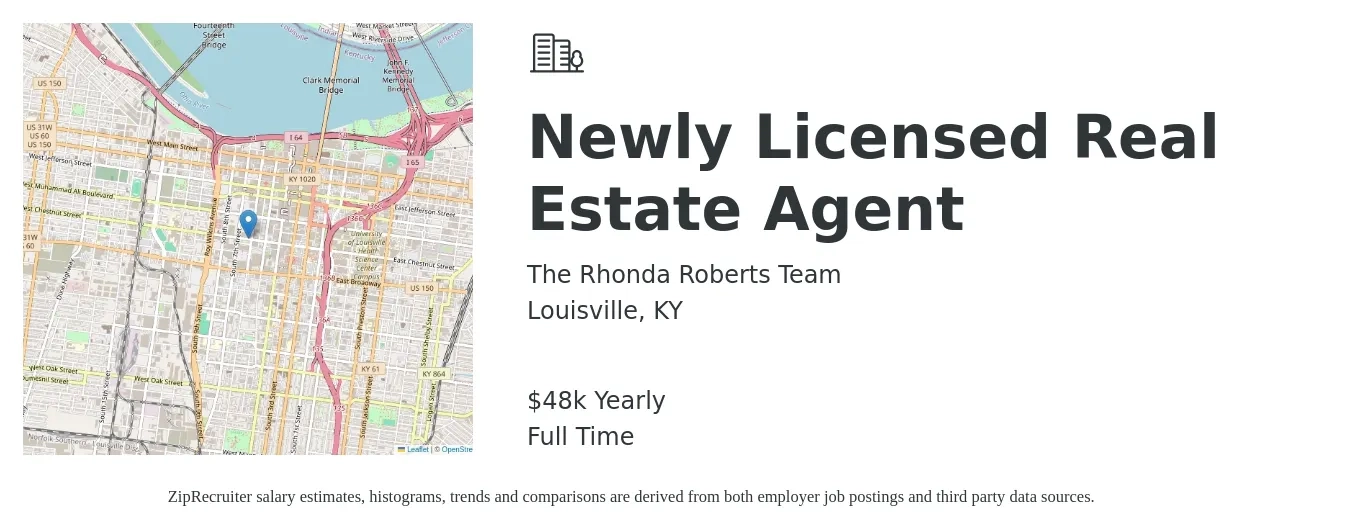 The Rhonda Roberts Team job posting for a Newly Licensed Real Estate Agent in Louisville, KY with a salary of $48,227 Yearly with a map of Louisville location.