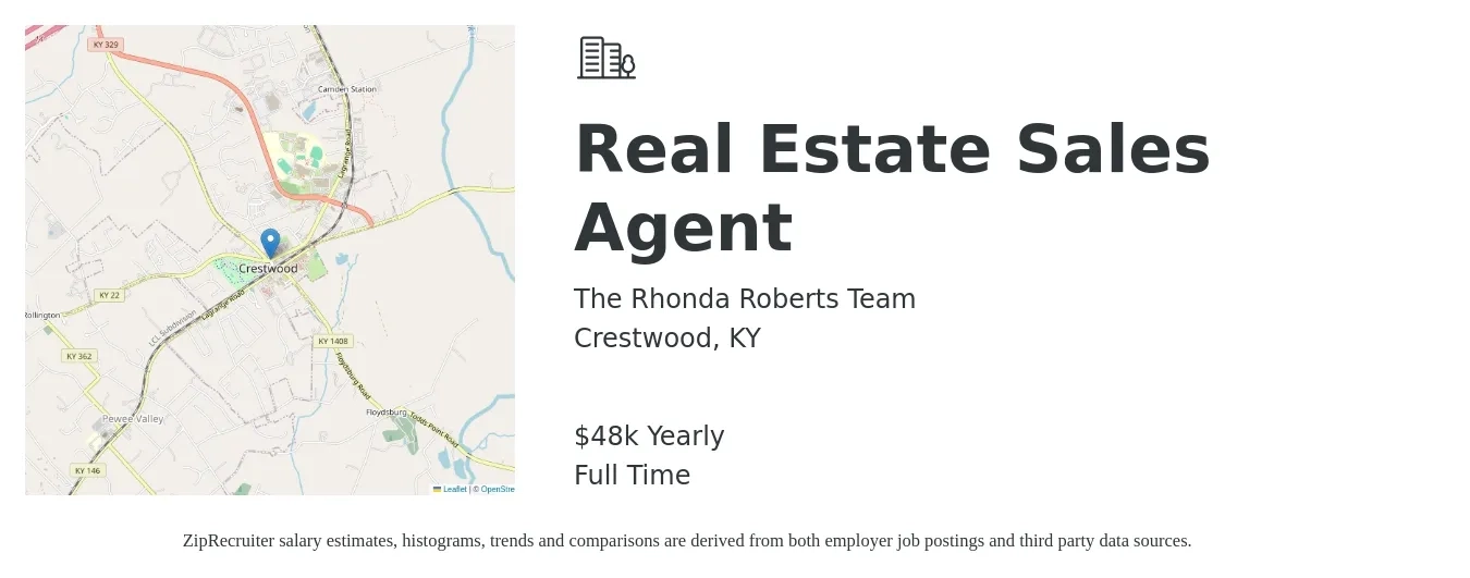 The Rhonda Roberts Team job posting for a Real Estate Sales Agent in Crestwood, KY with a salary of $48,227 Yearly with a map of Crestwood location.