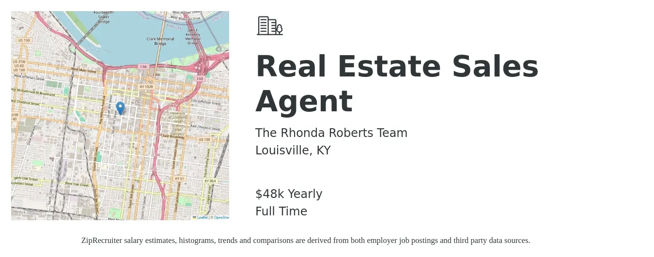 The Rhonda Roberts Team job posting for a Real Estate Sales Agent in Louisville, KY with a salary of $48,227 Yearly with a map of Louisville location.