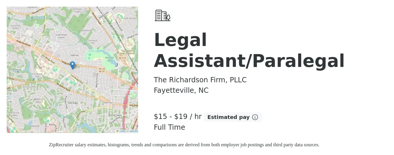 The Richardson Firm, PLLC job posting for a Legal Assistant/Paralegal in Fayetteville, NC with a salary of $16 to $20 Hourly with a map of Fayetteville location.