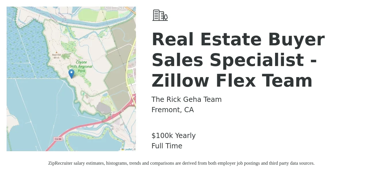 The Rick Geha Team job posting for a Real Estate Buyer Sales Specialist - Zillow Flex Team in Fremont, CA with a salary of $100,000 Yearly with a map of Fremont location.