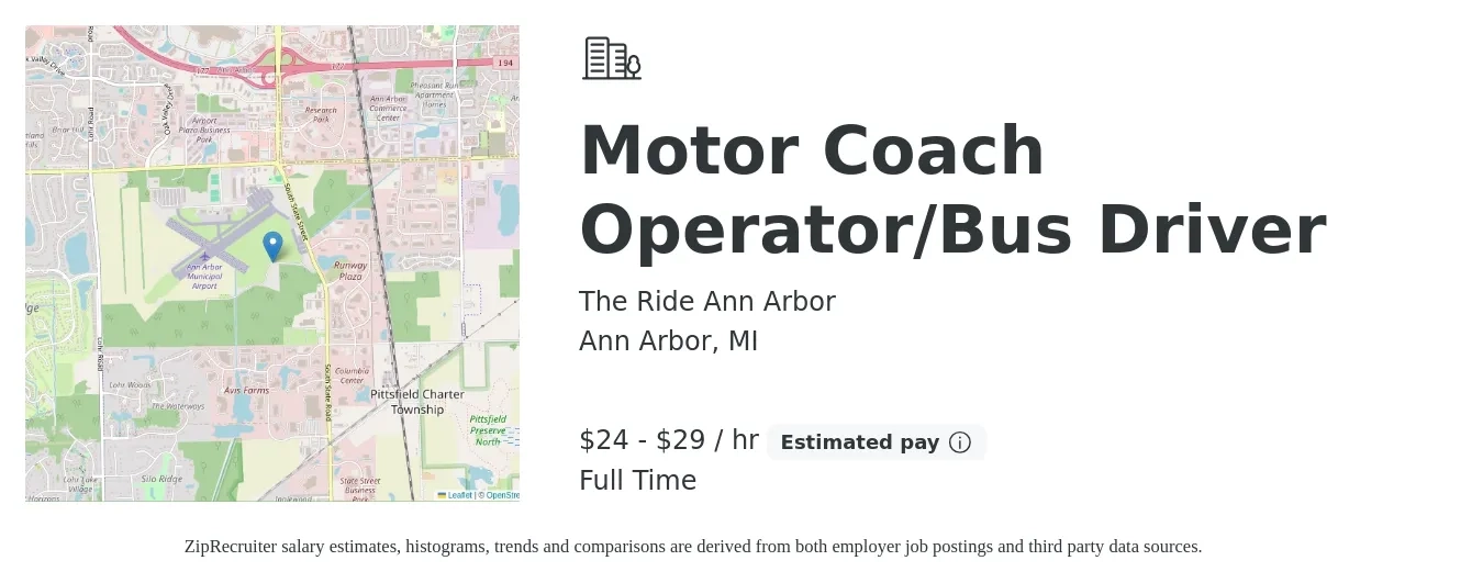 The Ride Ann Arbor job posting for a Motor Coach Operator/Bus Driver in Ann Arbor, MI with a salary of $25 to $31 Hourly with a map of Ann Arbor location.